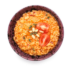 Plate with tasty risotto on white background
