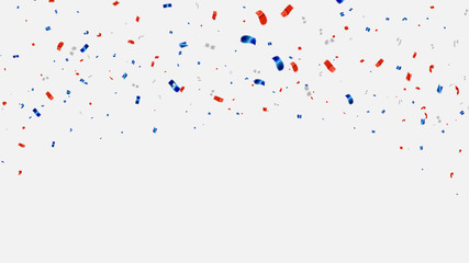 Celebration background template with confetti and red and blue ribbons.