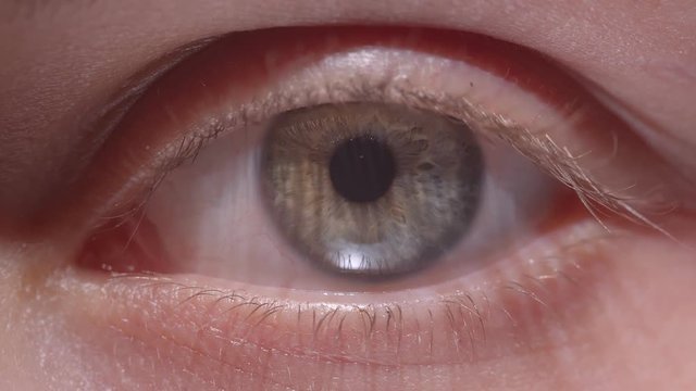 Close-up shoot of greenish eye widening and shrinking fastly the pupil.