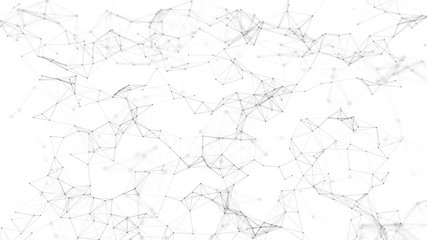 Black and white background of dots and lines with depth of field. 3D