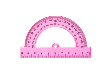 One plastic pink protractor with degrees and digits for education or work isolated on white background. Top view - obrazy, fototapety, plakaty