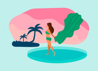 Summer vector illustration with girl dressed in the green swim suit holding a palatine. Wind, sea beach, sunset. Warm coast.