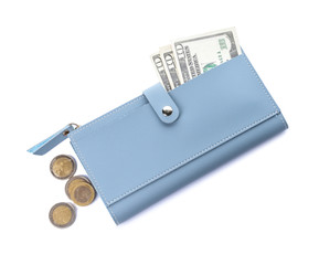 Wallet with money on white background