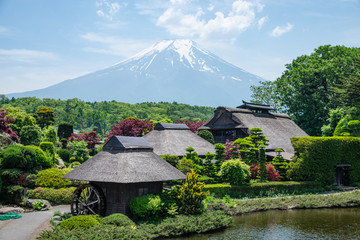 Beautiful Fuji mountain with cloud and blue sky  in the summer at Oshino Hakkai the old Japanese...