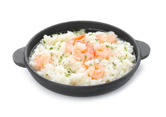 Frying pan with tasty risotto on white background