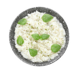Plate with tasty risotto on white background
