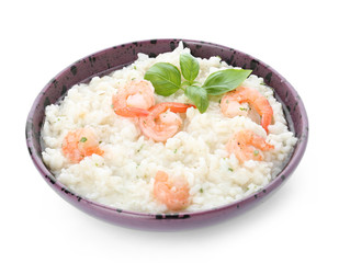 Plate with tasty risotto on white background
