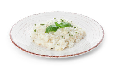 Plate with tasty risotto on white background
