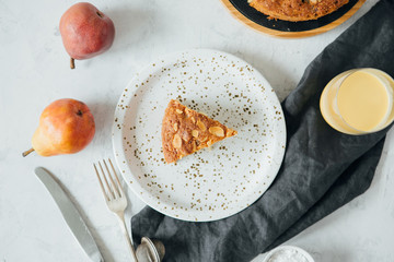 Slice of homemade pie with juice, flat, top view