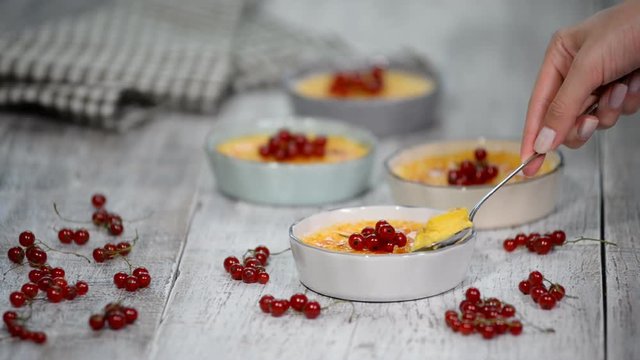 Creme brulee.French vanilla cream dessert with caramelised sugar on top.
