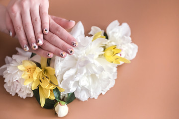 Closeup view of woman with beautiful hands on color background, space for text