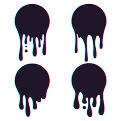 Set of dripping circle paint with glitch effect. Paint drip stickers or circle labels. Ink drop splash. Black drippings sauces current round spots, ink paint leak or liquid chocolate, caramel.