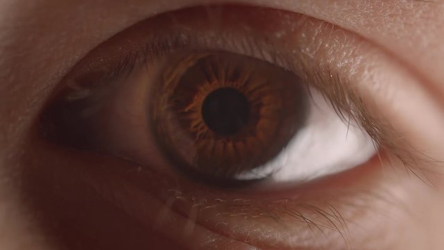 Close-up shoot of greenish eye with the reflection and flare from lamp circling around changing the illumination.