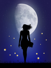 woman walks in the moonlight with fireflies