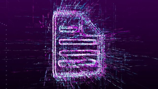 Document sign animation, virtual file. Consists of a stream of numbers and symbols in digital space. Abstract idea concept.