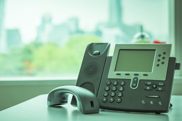 close up soft focus on ip phone devices at office desk