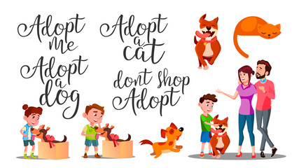 Modern Calligraphy Word Adopt Creative Vector. Stylish Typography Inscription With Different Handwritten Adopt Cat Dog Shop Decorated Cartoon With Character Family And Animal. Text Flat Illustration