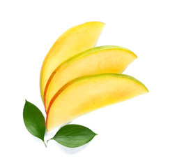 Slices of tasty fresh mango on white background