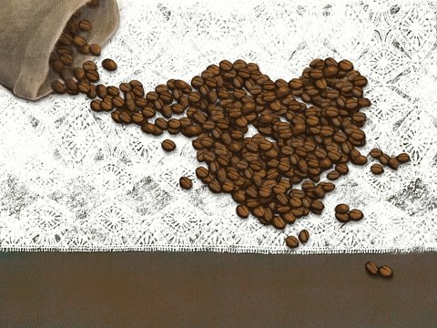 Top view of coffee beans on lace fabric, background,digital paint,with free space for text