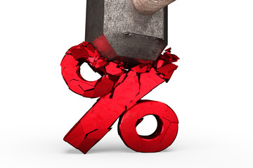 Sledgehammer smashing red percentage sign cracked, isolated on white background, 3D illustration.