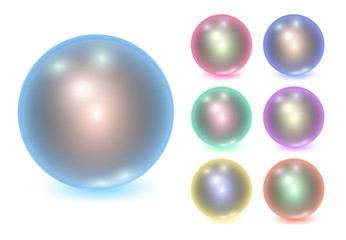 Set of vector realistic color metall balls, shine spheres with patches of light on white background. 3D illustration.