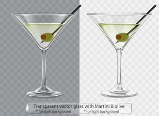Transparent vector glass with Martini and olive for dark and light background - obrazy, fototapety, plakaty