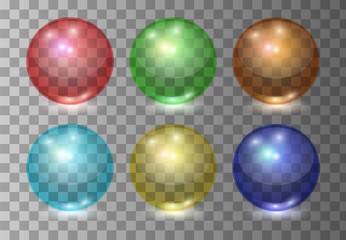 Set or vector realistic color transparent glass balls, shine spheres or soup bubbles with patch of light on dark background. 3D illustration.