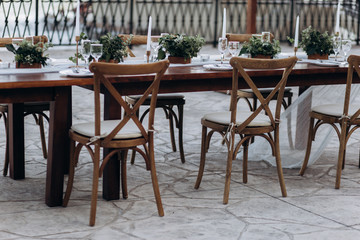 Eco-friendly, wedding decor. Wooden table newlyweds for a party.