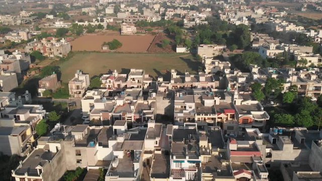 An aerial over the Basant Avenue, An Urban City located in Ludiana Punjab India, skyline including rooftop water tower.