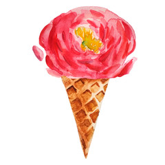 Peony Ice Cream. Watercolor hand drawn pink peony in a waffle cone. Watercolour isolated element on white.