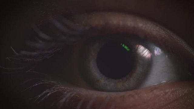Close-up shoot of gray eye blinking with reflection of green lamp on it in complete darkness.