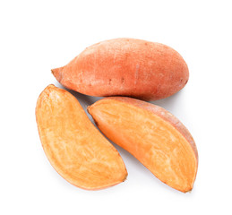 Fresh sweet potatoes on white background