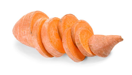 Raw cut sweet potato on white background