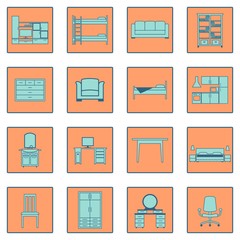 Furniture vector flat icons set in a square frame on color background.