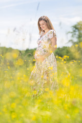 Portrait of beautiful happy pregnant woman smiling in white summer dress relaxing in meadow full of yellow blooming flovers. Concept of healthy maternity care.