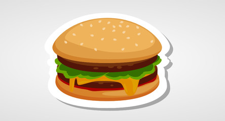 Vector drawing of hamburger with cheese, tomatoes, chop, lettuce, onion, cucumber in flat cartoon style. Illustration for design fast food menu. Hamburger isolated icons.