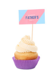 Tasty cupcake for Father's Day on white background