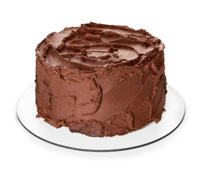 Tasty chocolate cake on white background