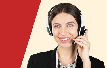 customer support phone operator in headset, with blank copyspace area for slogan or text message