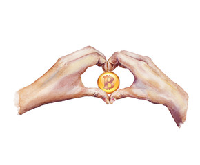 hand holding golden Bitcoin isolated on white background