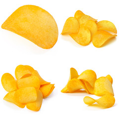 Set of potato chips close-up on an isolated white background