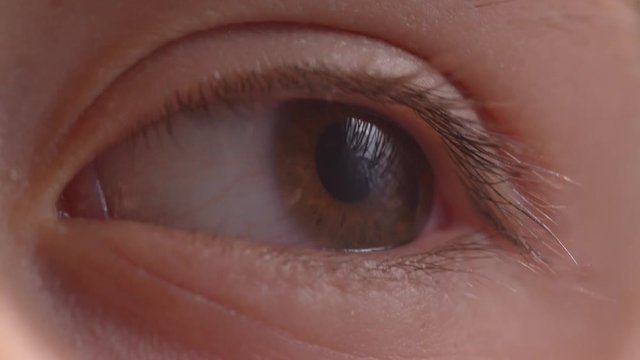 Close-up shoot of eye watching rightwards with the reflection of photographer with camera in it.
