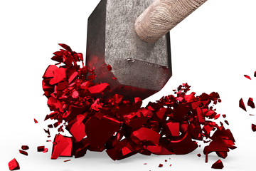 Sledgehammer smashing red percentage sign cracked, isolated on white background, 3D illustration.
