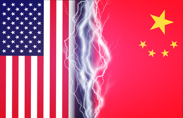 Vertical lightnings between flags of USA and China. Concept of crisis between two nations,...