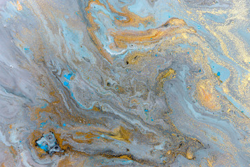 Blue marbling pattern. Golden marble liquid texture.