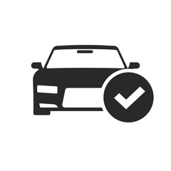 Automobile with check mark icon vector, black and white car shape with tick pictogram isolated symbol clipart