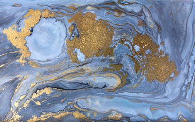 Blue marbling pattern. Golden marble liquid texture.