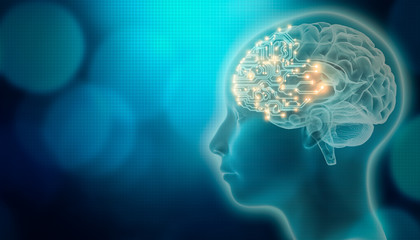 PCB brain with 3d render human head profile. Artificial intelligence or AI concepts. Futuristic or advanced science and technology mixed media illustration. © Matthieu