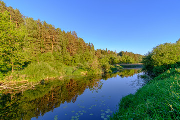 Fototapeta na wymiar Picturesque landscape with a calm river near the forest in the evening. 
