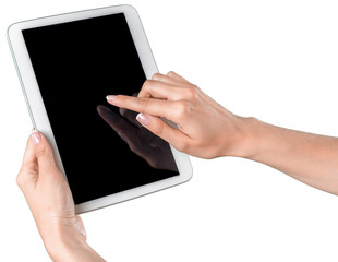 Young beautiful girl holding a  tablet pc template with white screen isolated on white background